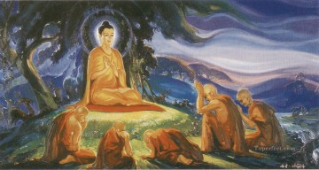 宗教的 Painting - 仏陀はバラナシの鹿公園で5人の僧侶に最初の説教を行った 仏教
